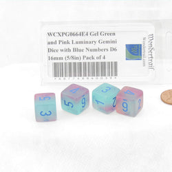 WCXPG0664E4 Gel Green and Pink Luminary Gemini Dice with Blue Numbers D6 16mm (5/8in) Pack of 4 (ONLINE ORDER ONLY)