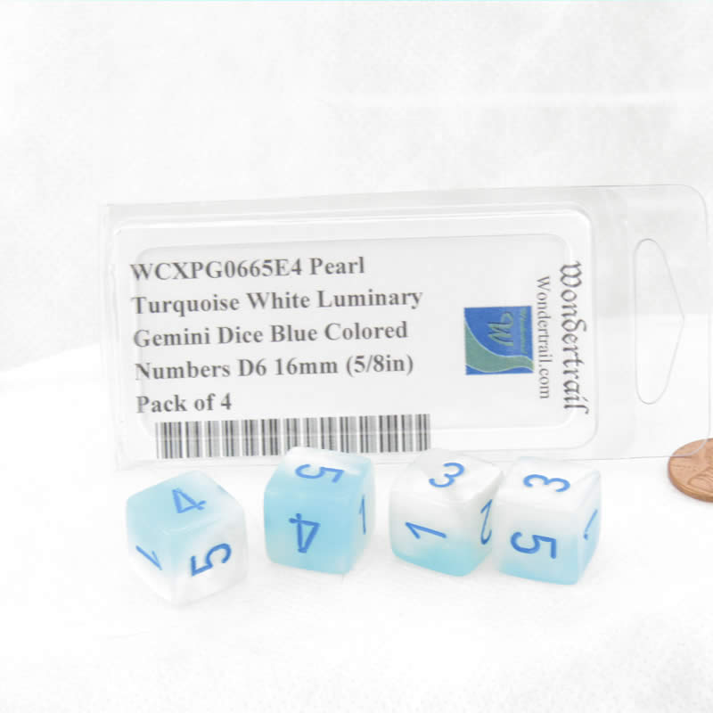WCXPG0665E4 Pearl Turquoise White Luminary Gemini Dice Blue Colored Numbers D6 16mm (5/8in) Pack of 4 (ONLINE ORDER ONLY)