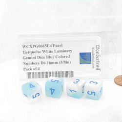 WCXPG0665E4 Pearl Turquoise White Luminary Gemini Dice Blue Colored Numbers D6 16mm (5/8in) Pack of 4 (ONLINE ORDER ONLY)