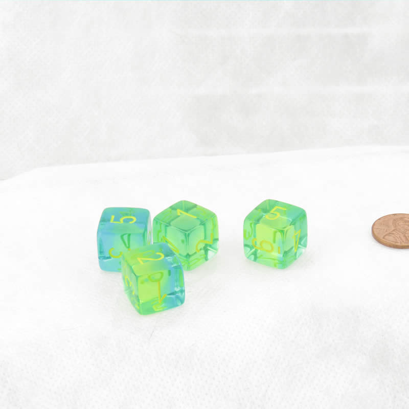 WCXPG0666E4 Green Teal Translucent Gemini Dice Yellow Colored Numbers D6 16mm (5/8in) Pack of 4 (ONLINE ORDER ONLY)