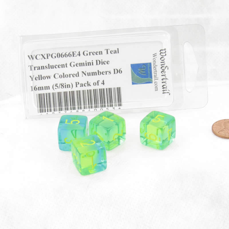 WCXPG0666E4 Green Teal Translucent Gemini Dice Yellow Colored Numbers D6 16mm (5/8in) Pack of 4 (ONLINE ORDER ONLY)