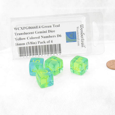 WCXPG0666E4 Green Teal Translucent Gemini Dice Yellow Colored Numbers D6 16mm (5/8in) Pack of 4 (ONLINE ORDER ONLY)