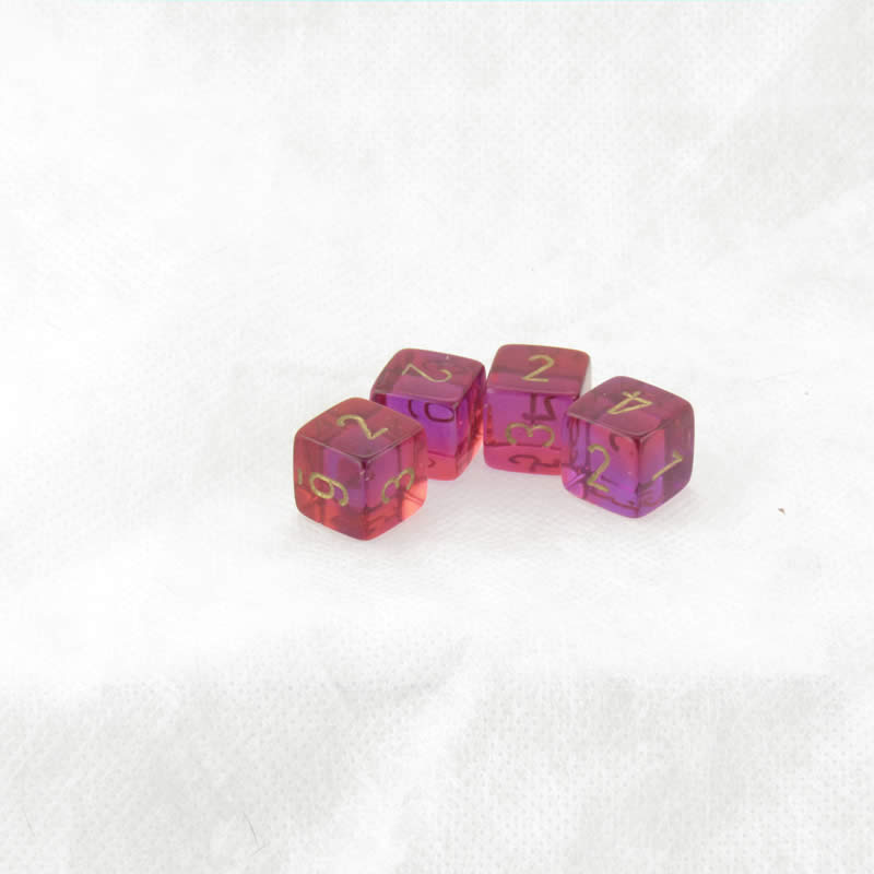 WCXPG0667E4 Red and Violet Translucent Gemini Dice Gold Colored Numbers D6 16mm (5/8in) Pack of 4 (ONLINE ORDER ONLY)