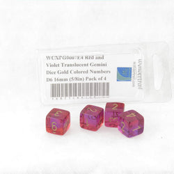 WCXPG0667E4 Red and Violet Translucent Gemini Dice Gold Colored Numbers D6 16mm (5/8in) Pack of 4 (ONLINE ORDER ONLY)