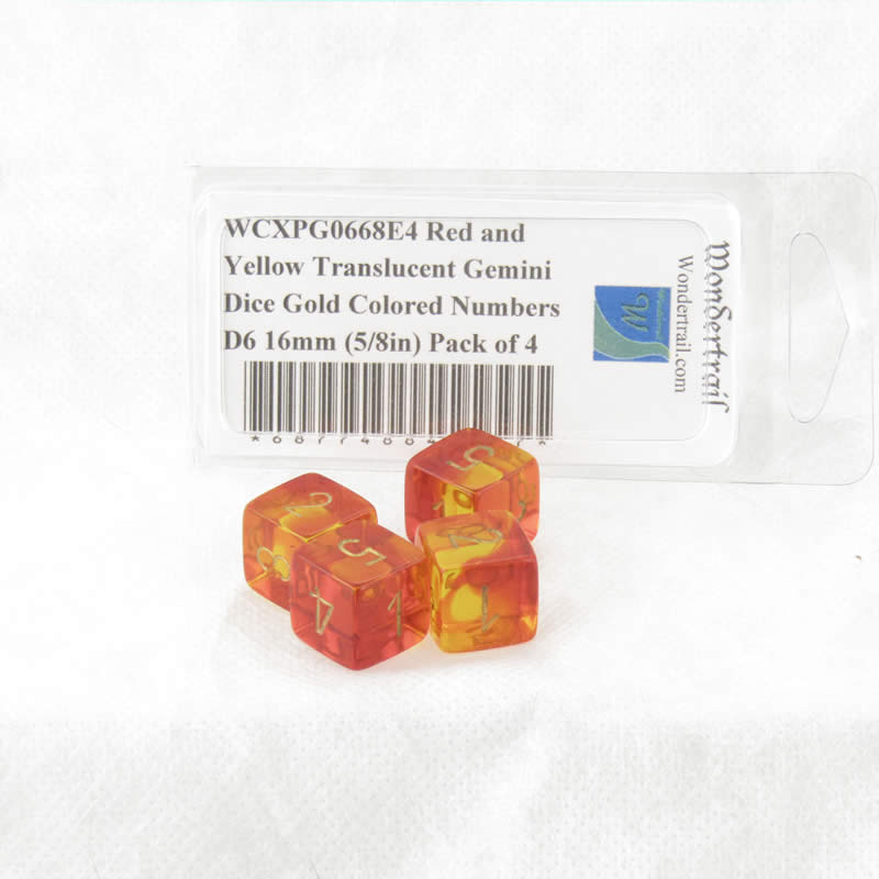 WCXPG0668E4 Red and Yellow Translucent Gemini Dice Gold Colored Numbers D6 16mm (5/8in) Pack of 4 (ONLINE ORDER ONLY)