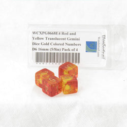 WCXPG0668E4 Red and Yellow Translucent Gemini Dice Gold Colored Numbers D6 16mm (5/8in) Pack of 4 (ONLINE ORDER ONLY)