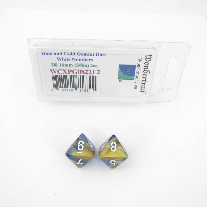 WCXPG0822E2 Blue Gold Gemini Dice White Numbers D8 16mm Pack of 2 (ONLINE ORDER ONLY)