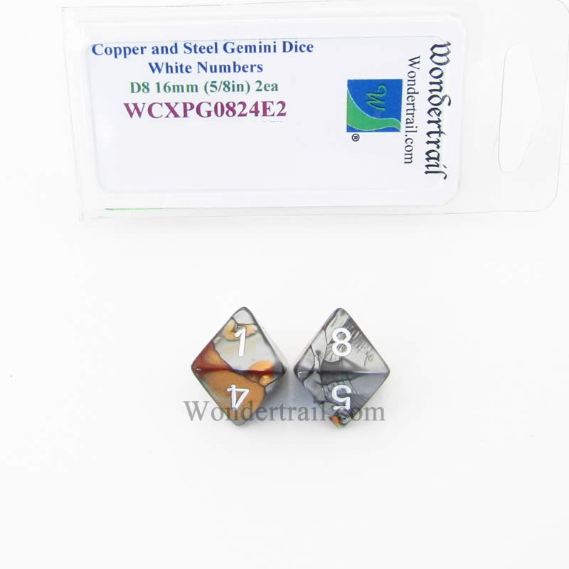 WCXPG0824E2 Copper Steel Gemini Dice White Numbers D8 16mm Pack of 2 (ONLINE ORDER ONLY)