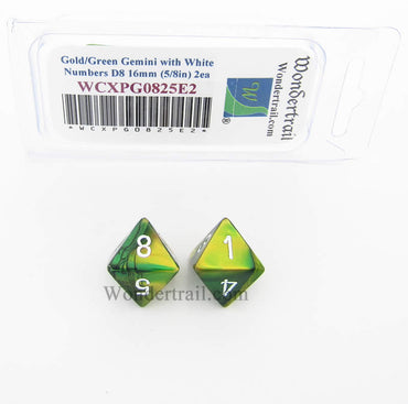 WCXPG0825E2 Gold Green Gemini Dice White Numbers D8 16mm Pack of 2 (ONLINE ORDER ONLY)