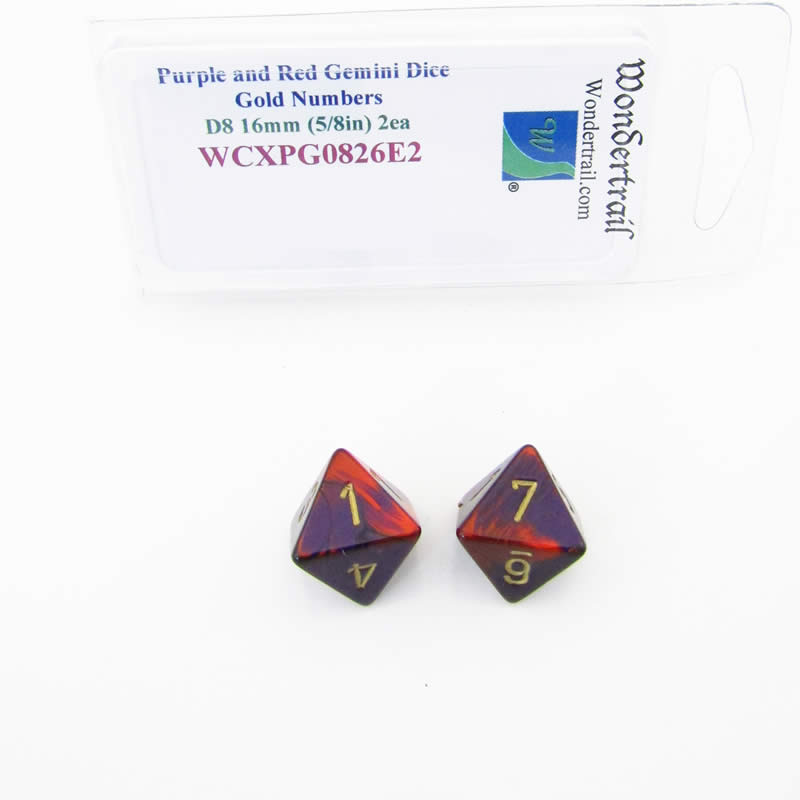 WCXPG0826E2 Purple Red Gemini Dice Gold Numbers D8 16mm Pack of 2 (ONLINE ORDER ONLY)