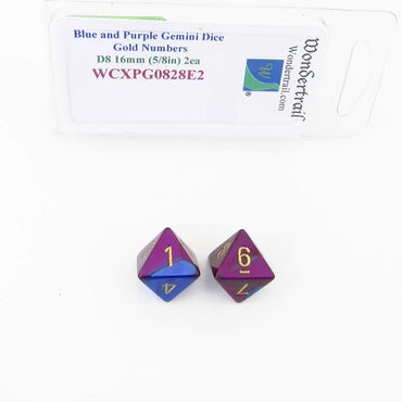 WCXPG0828E2 Blue Purple Gemini Dice Gold Numbers D8 16mm Pack of 2 (ONLINE ORDER ONLY)