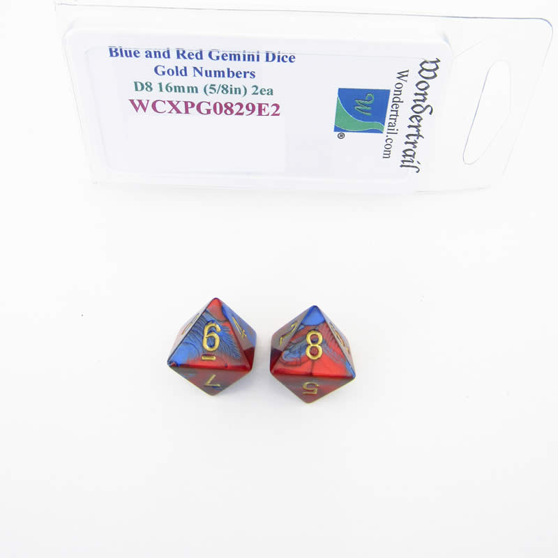 WCXPG0829E2 Blue Red Gemini Dice Gold Numbers D8 16mm Pack of 2 (ONLINE ORDER ONLY)