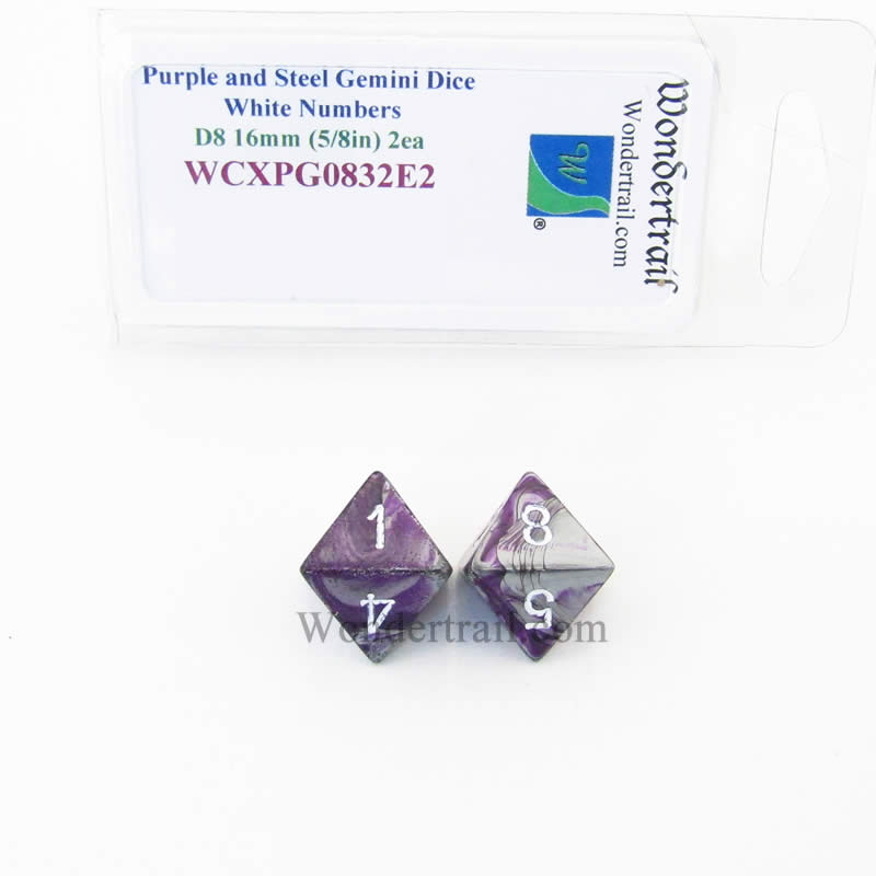 WCXPG0832E2 Purple Steel Gemini Dice White Numbers D8 16mm Pack of 2 (ONLINE ORDER ONLY)