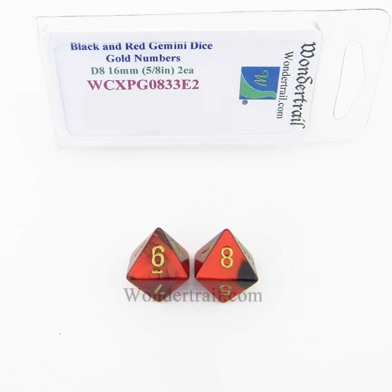 WCXPG0833E2 Black Red Gemini Dice Gold Numbers D8 16mm Pack of 2 (ONLINE ORDER ONLY)