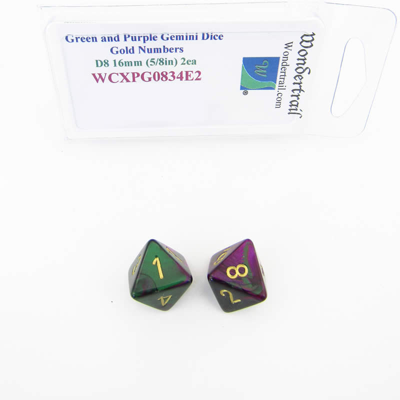 WCXPG0834E2 Green Purple Gemini Dice Gold Numbers D8 16mm Pack of 2 (ONLINE ORDER ONLY)