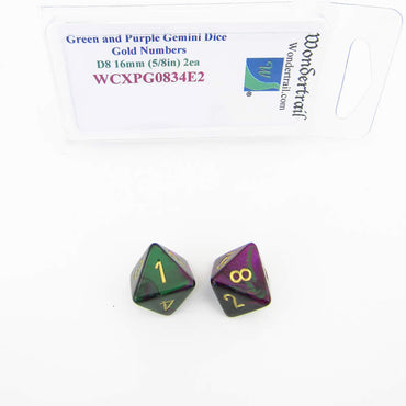 WCXPG0834E2 Green Purple Gemini Dice Gold Numbers D8 16mm Pack of 2 (ONLINE ORDER ONLY)