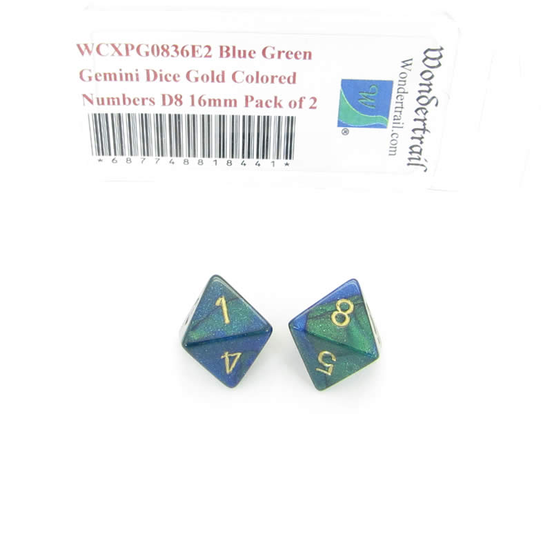 WCXPG0836E2 Blue Green Gemini Dice Gold Colored Numbers D8 16mm Pack of 2 (ONLINE ORDER ONLY)