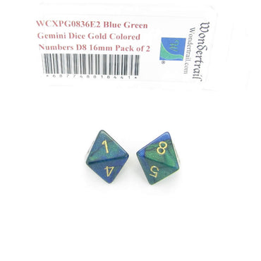 WCXPG0836E2 Blue Green Gemini Dice Gold Colored Numbers D8 16mm Pack of 2 (ONLINE ORDER ONLY)