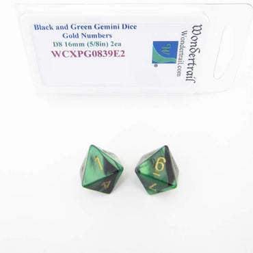 WCXPG0839E2 Black Green Gemini Dice Gold Numbers D8 16mm Pack of 2 (ONLINE ORDER ONLY)