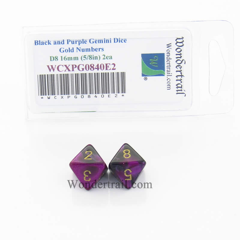WCXPG0840E2 Black Purple Gemini Dice Gold Numbers D8 16mm Pack of 2 (ONLINE ORDER ONLY)