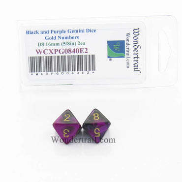 WCXPG0840E2 Black Purple Gemini Dice Gold Numbers D8 16mm Pack of 2 (ONLINE ORDER ONLY)