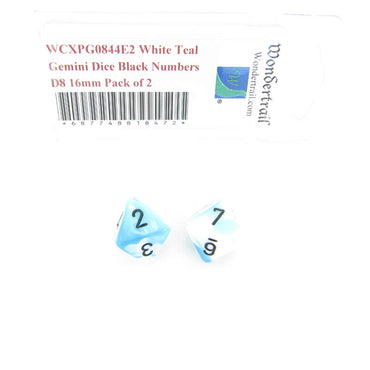 WCXPG0844E2 White Teal Gemini Dice Black Numbers D8 16mm Pack of 2 (ONLINE ORDER ONLY)
