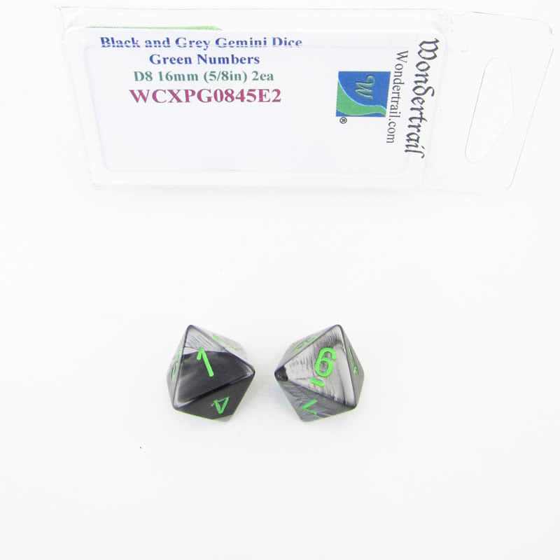 WCXPG0845E2 Black Grey Gemini Dice Green Numbers D8 16mm Pack of 2 (ONLINE ORDER ONLY)
