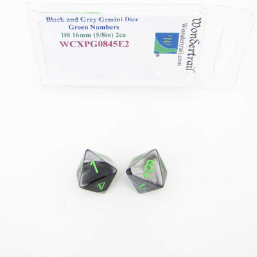 WCXPG0845E2 Black Grey Gemini Dice Green Numbers D8 16mm Pack of 2 (ONLINE ORDER ONLY)