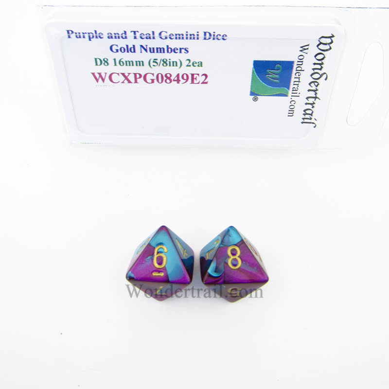 WCXPG0849E2 Purple Teal Gemini Dice Gold Numbers D8 16mm Pack of 2 (ONLINE ORDER ONLY)