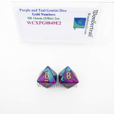 WCXPG0849E2 Purple Teal Gemini Dice Gold Numbers D8 16mm Pack of 2 (ONLINE ORDER ONLY)