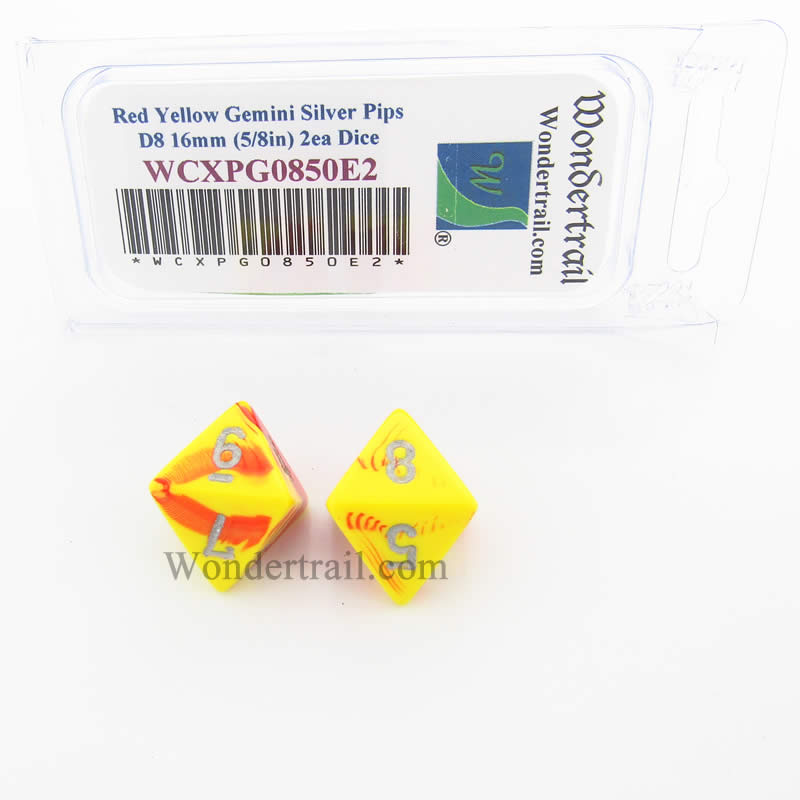 WCXPG0850E2 Red Yellow Gemini Dice Silver Numbers D8 16mm Pack of 2 (ONLINE ORDER ONLY)