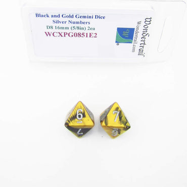 WCXPG0851E2 Black Gold Gemini Dice Silver Numbers D8 16mm Pack of 2 (ONLINE ORDER ONLY)