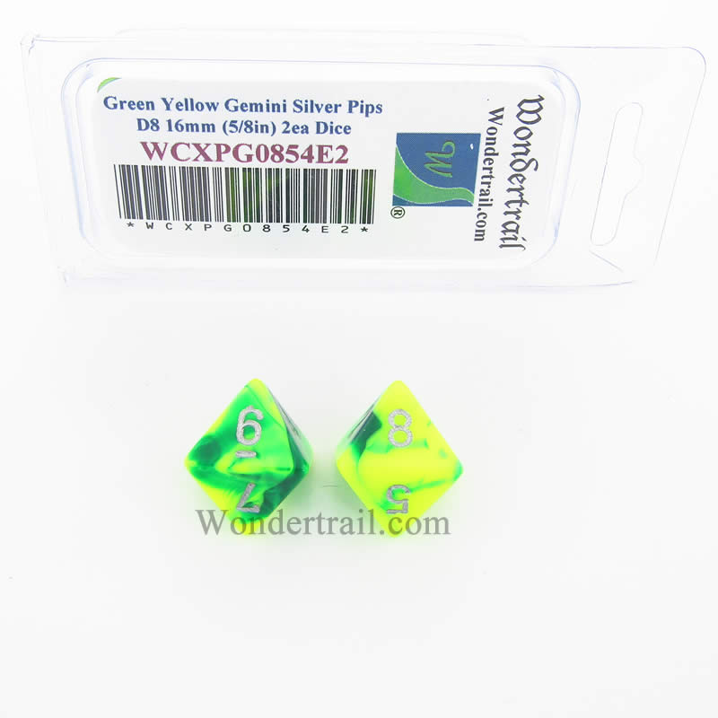 WCXPG0854E2 Green Yellow Gemini Dice Silver Numbers D8 16mm Pack of 2 (ONLINE ORDER ONLY)