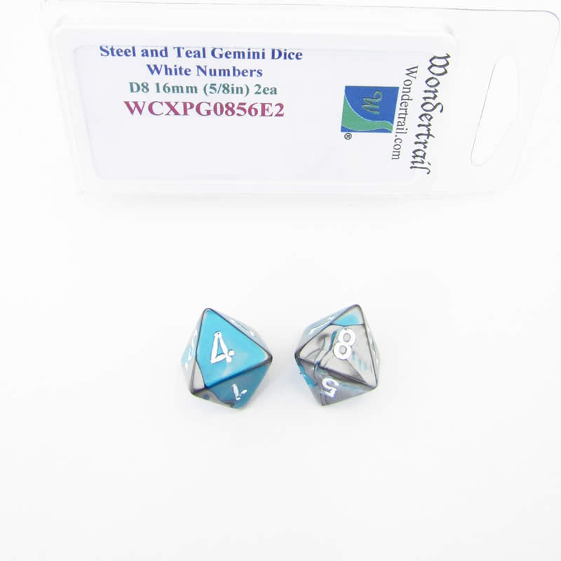 WCXPG0856E2 Steel Teal Gemini Dice White Numbers D8 16mm Pack of 2 (ONLINE ORDER ONLY)