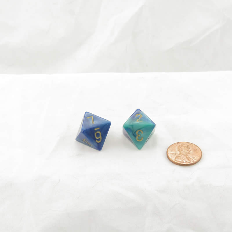 WCXPG0859E2 Blue Teal Gemini Dice Gold Numbers D8 16mm Pack of 2 (ONLINE ORDER ONLY)