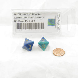 WCXPG0859E2 Blue Teal Gemini Dice Gold Numbers D8 16mm Pack of 2 (ONLINE ORDER ONLY)