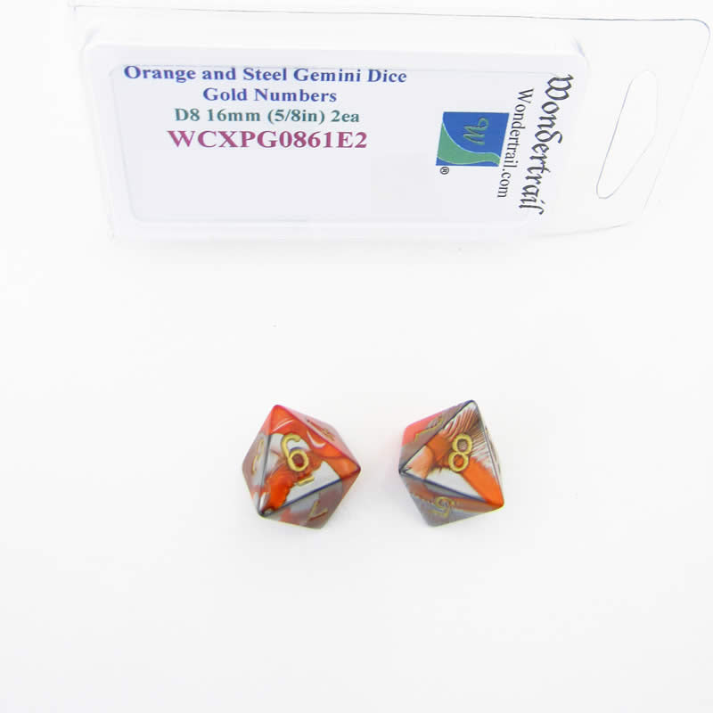 WCXPG0861E2 Orange Steel Gemini Dice Gold Numbers D8 16mm Pack of 2 (ONLINE ORDER ONLY)