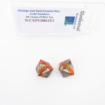 WCXPG0861E2 Orange Steel Gemini Dice Gold Numbers D8 16mm Pack of 2 (ONLINE ORDER ONLY)