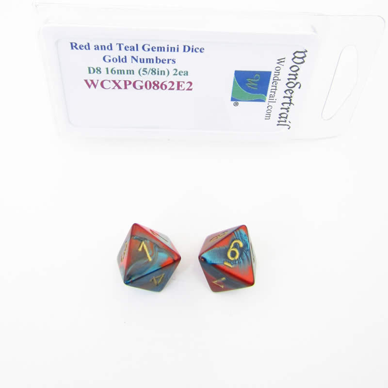 WCXPG0862E2 Red Teal Gemini Dice Gold Numbers D8 16mm Pack of 2 (ONLINE ORDER ONLY)