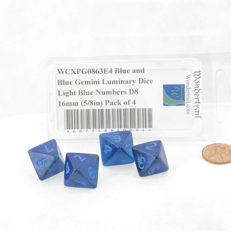 WCXPG0863E4 Blue and Blue Gemini Luminary Dice Light Blue Numbers D8 16mm (5/8in) Pack of 4 (ONLINE ORDER ONLY)
