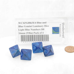 WCXPG0863E4 Blue and Blue Gemini Luminary Dice Light Blue Numbers D8 16mm (5/8in) Pack of 4 (ONLINE ORDER ONLY)