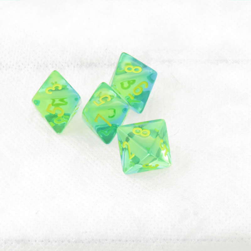 WCXPG0866E4 Green and Teal Translucent Gemini Dice Yellow Numbers D8 Aprox 16mm (5/8in) Pack of 4 (ONLINE ORDER ONLY)