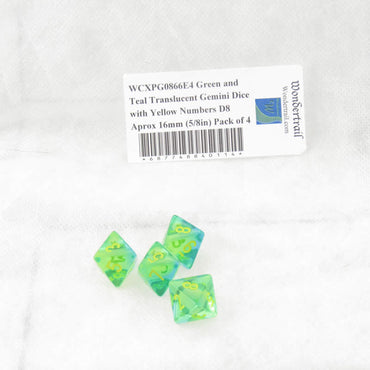 WCXPG0866E4 Green and Teal Translucent Gemini Dice Yellow Numbers D8 Aprox 16mm (5/8in) Pack of 4 (ONLINE ORDER ONLY)