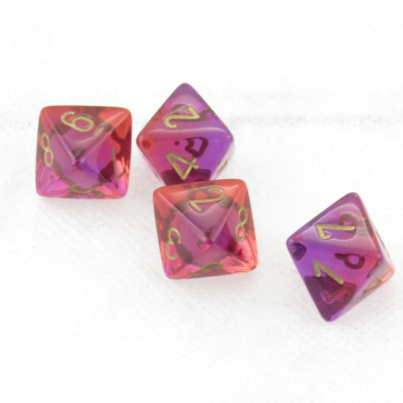 WCXPG0867E4 Red and Violet Translucent Gemini Dice Gold Numbers D8 Aprox 16mm (5/8in) Pack of 4 (ONLINE ORDER ONLY)