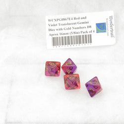WCXPG0867E4 Red and Violet Translucent Gemini Dice Gold Numbers D8 Aprox 16mm (5/8in) Pack of 4 (ONLINE ORDER ONLY)