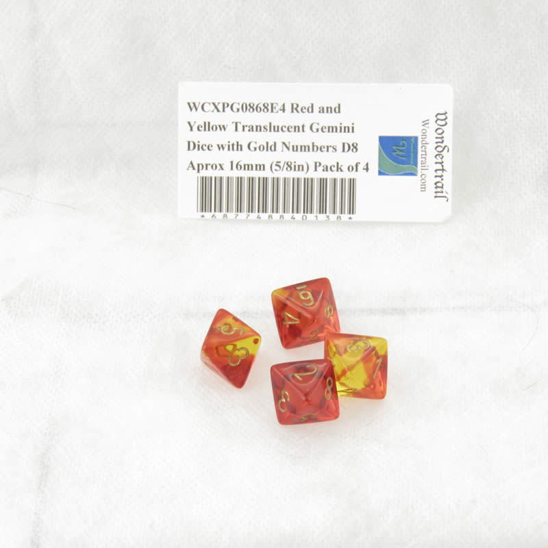 WCXPG0868E4 Red and Yellow Translucent Gemini Dice Gold Numbers D8 Aprox 16mm (5/8in) Pack of 4 (ONLINE ORDER ONLY)