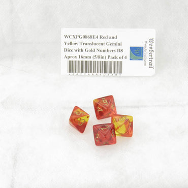 WCXPG0868E4 Red and Yellow Translucent Gemini Dice Gold Numbers D8 Aprox 16mm (5/8in) Pack of 4 (ONLINE ORDER ONLY)