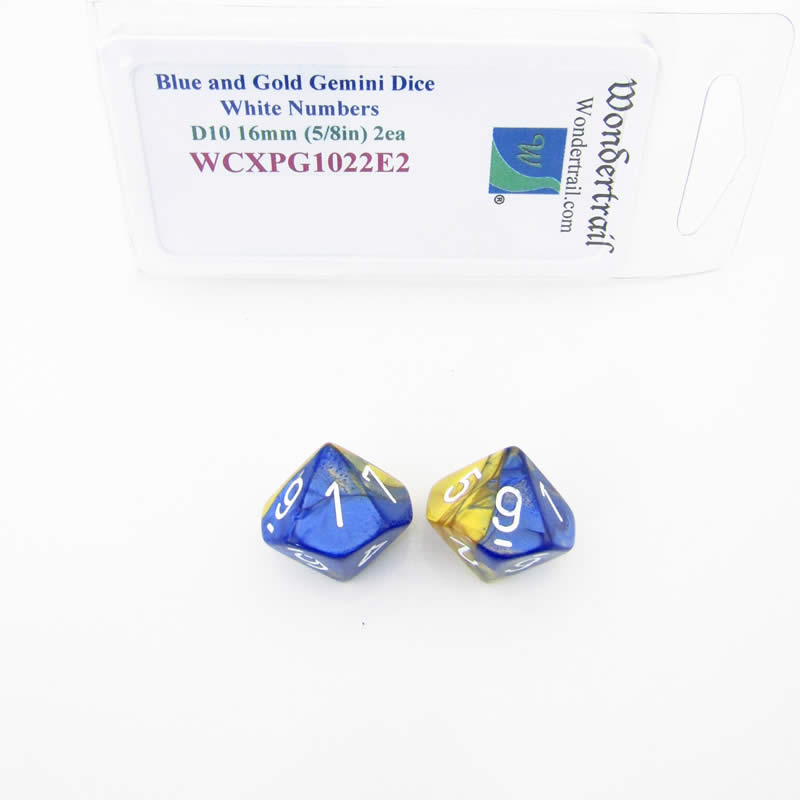 WCXPG1022E2 Blue Gold Gemini Dice White Numbers D10 16mm Pack of 2 (ONLINE ORDER ONLY)