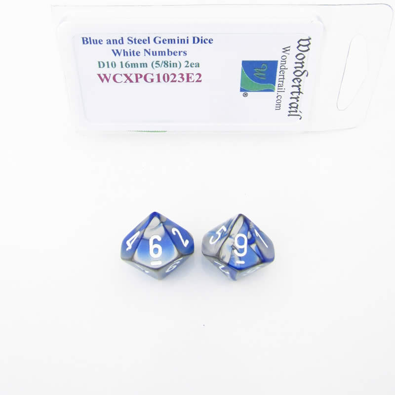 WCXPG1023E2 Blue Steel Gemini Dice White Numbers D10 16mm Pack of 2 (ONLINE ORDER ONLY)