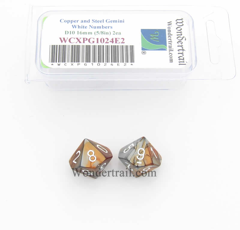 WCXPG1024E2 Copper Steel Gemini Dice White Numbers D10 16mm Pack of 2 (ONLINE ORDER ONLY)